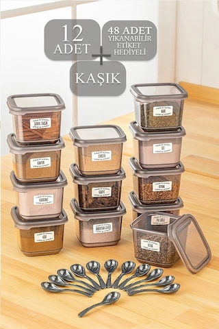 Meleni Home 12'li Set Pino Baharatlık - Etiketli Kare Baharat Saklama Kabı Seti Antrasit 12 X 0.50 Lt Kaşıklı Antrasit