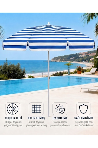 Plaj Şemsiyesi Balkon Bahçe Güneş Şemsiyesi 200cm 10 Telli Uv Korumalı Mavi