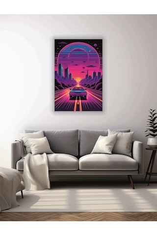 Neon Araba Temalı Cam Tablo