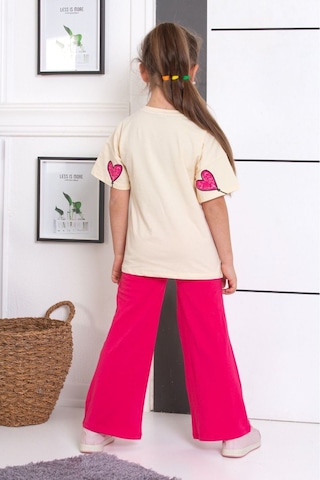 Tunays Shopping İspanyol Paça Tayt Pantolon Kalp Baskılı Oversize Tshirt Kız Çocuk Alt Üst Takım Fuşya