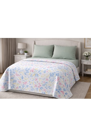 Faralya Life Baskılı Çift Kişilik Pike Takımı 200x220 Cm Pike 240x260 Çarşaf 2 Adet 50x70 Yastık Kılıfı %100 Pamuk Yumuşak Dokulu Yatak Örtüsü Seti Yeşil 