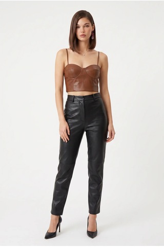 Cemo Deri İnce Askılı Büstiyer Crop Top Taba