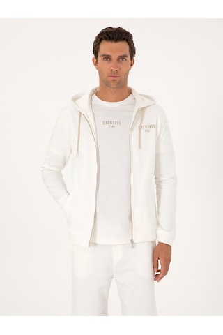 Ekru Regular Fit %100 Pamuk Tam Fermuarlı Kapüşonlu Sweatshirt Bej