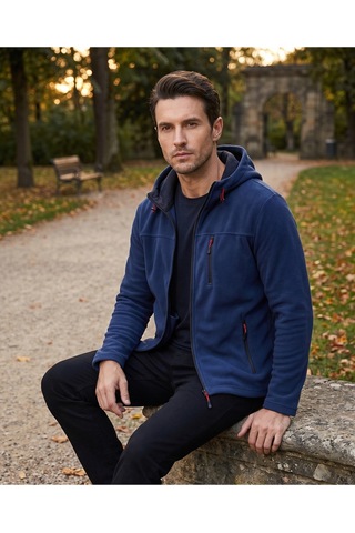 Luxıc Core Erkek Kapüşonlu İndigo Lacivert Polar 3 Cepli Fermuarlı Sıcak Tutan Kışlık Outdoor Hoodie Günlük Stilpro