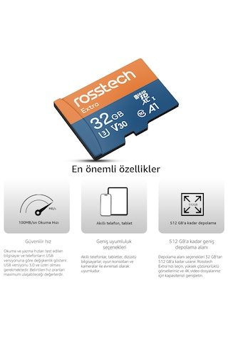 Rosstech Extra 32gb Microsdhc V30 Uhs-3 C10 100mb/sn Hafıza Kartı