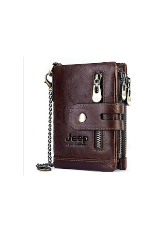 Alibee Jeep Erkek Deri Cüzdan Şık Tasarım Fonksiyonel Zincir Aksesuarlı Kahverengi