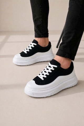 Mevese Ventoy Erkek Bağcıklı Cilt Günlük Sneaker Ayakkabı Siyah Beyaz