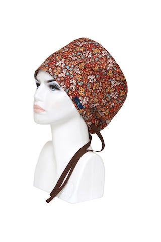 Tesettür Kahverengi Çıtır Çiçekler Desenli Cerrahi Bone Doktor Hemşire Sağlıkçı Bonesi Geniş Kesim