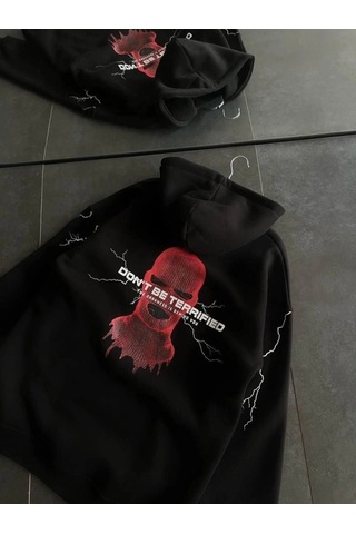 Vexor Üç İplik Kapşonlu Baskılı Oversize Sweatshirt- Siyah