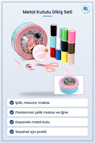 Dikiş Makinesi Aksesuarı Metal Kutulu Set İplik Mezura Tekstil Ma