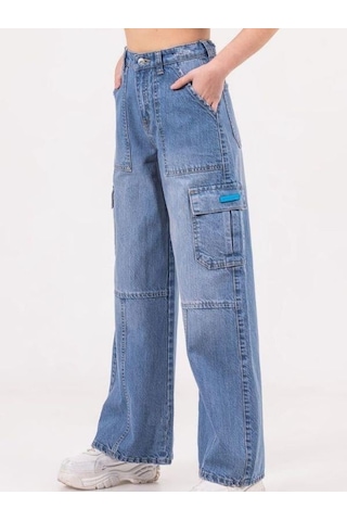 Zekids Kız Çocuk Denim Kargo Bol Paça Pantolon-13788-mavi Mavi