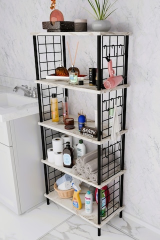 5 Raflı Çevir-kur Raf Ünitesi Telli Metal Gövdeli Organizer Banyo, Mutfak, Balkon, Antre Uyumlu Beyaz Mermer