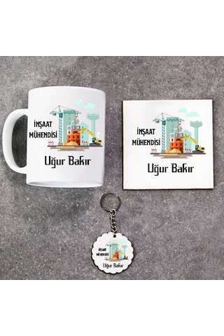 Inşaat Mühendisi Hediye Seti Kupa Bardak+Altlık+Anahtarlık