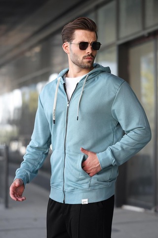 Madmext Soluk Mavi Fermuarlı Kapüşonlu Sweatshirt 6161 Mavi