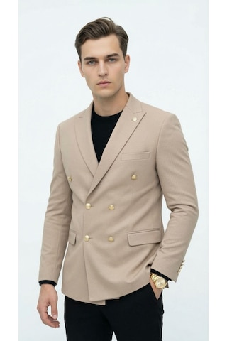 Plus Scorpion Erkek Kruvaze Blazer Ceket Slim Fit Premium Dokulu Şık Klasik Ceket Bej