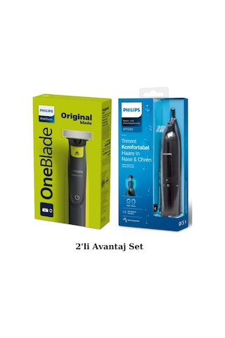 Philips QP2724/10 Oneblade Yüz Şekillendirici + NT1650 Burun Kulak Kılı Temizleme Makinesi