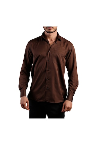 Kahverengi Büyük Beden Rahat Kesim Micro Kumaş Kol Düğmeli Regular Fit Erkek Gömlek - 190-11 001