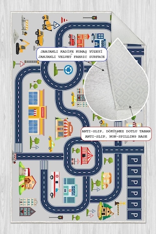 Dijital Baskılı Dekoratif Kaymaz Taban Yıkanabilir Trafik Parkı Temalı Modern Çocuk Halısı Gri