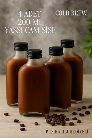 Rotanev 4 Adet Şeffaf Cold Brew Siyah Kapaklı Soğuk Kahve Yassı Cam Şişe 200 ml ve Çubuk Buz Kalıbı
