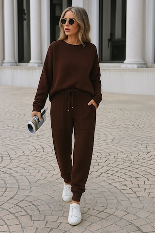 Kadın Rahat Kalıp Örgü Triko Tasarım Alt Üst Takım Acı Kahverengi