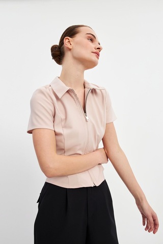 Stella Pulvis Pudra Fermuarlı Slim Fit Kuplu Bluz Pudra