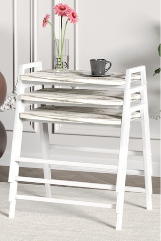 Zigon Sehpa , Aden 3'lü Tepsi Zigon Sehpa Takımı Beyaz Metal - Beyaz Mermer Tabla Beyaz-beyaz Mermer