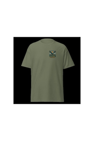 Wildstyle Kartal Renkli Vintage Yaban Hayat Doğa Dağ Rozet Baskılı Unisex Bisiklet Yaka Pamuklu Tişört Haki