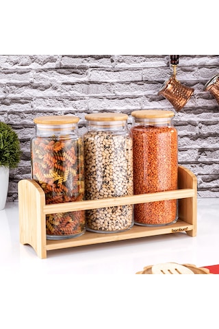 Bambum Bench Standlı 4 Parça Büyük Cam Baharat Takımı Şeffaf