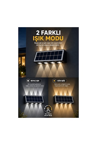 Robeve Solar Led Duvar Apliği 8 Ledli Bahçe Aydınlatması Güneş Enerjili Dış Mekan Bahçe Lambası, Su Geçirmez Sensörlü Duvar Lambası, Beyaz & Gün Işığı Modlu Solar Aydınlatma Beyaz - Gün Işığı
