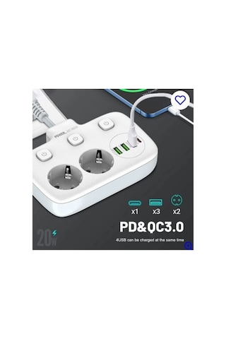 Akım Korumalı 2 Li Ayrı Anahtarlı Priz, 2x Priz, 3x Usb, 1x Type-c, 2 Mt Kablo, Hızlı Şarj 0.1 M
