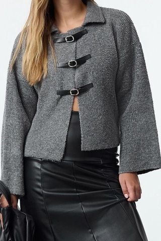 Ersefa Stil Modern Kadın Regular Standart Kol Polo Yaka Buklet Mont Görü Gri