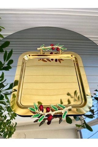 Atabey Home Collection 6'lı Kahve & Çay & Sunum Tepsisi Gold Tepsi Zeytin Dali & Kiraz Modele Uyumlu