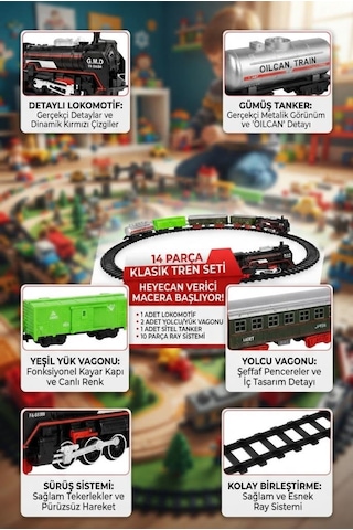 14 Parça Klasik Pilli Tren Seti Demiryolu Tren Oyunu 104x68 Cm Raylı Lokomotif Oyuncak Tren