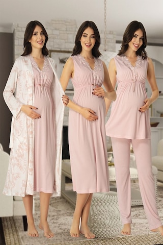 Kaktüslohusa Mayss Collections 8036 Pembe Renk Gecelik Sabahlık,pijama 4'lü Takım Seti Pembe