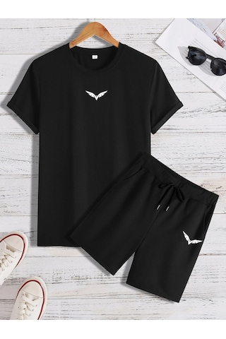Unisex Oversize Kanat Baskılı Beyaz Bisiklet Yaka Siyah T-shirt Siyah Şort Siyah