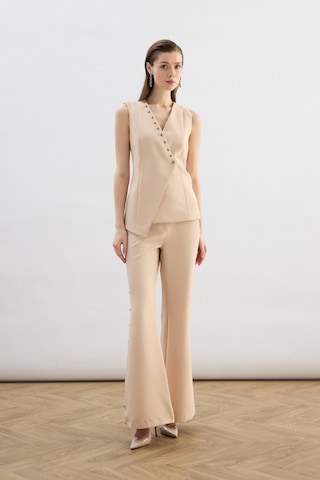 Sateen Yanları İnci Aksesuarlı Pantolon - Bej-136824 Bej