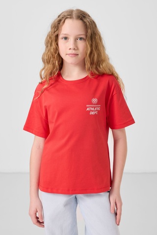 Fiesta Pamuklu O Yaka Oversize Fit Baskılı Kız Çocuk T-shirt - 75178 Kırmızı