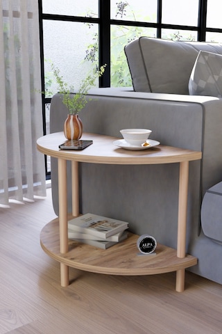 Modern Ahşap İki Raflı Koltuk Yanı Sehpa Çevirmeli Kurulum Salon Yan Sehpası Atlantik Çam