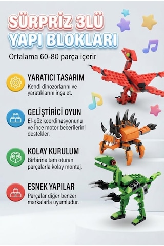Sürpriz Yumurta 3'lü Set Dinozor Ve Araç Figürlü Yapı Blokları Eğitici Öğretici Parçalı Oyuncak