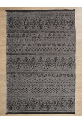 Bohem Tarz Dekoratif Pamuk Taban Şönil Kilim Antrasit Renk Halı