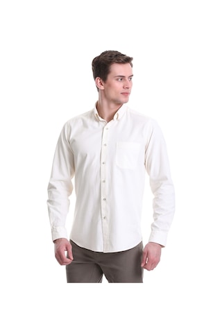 Hatemoğlu Bej Slim Fit Düz 100% Pamuklu Düğmeli Yaka Uzun Kollu Klasik Göm Bej