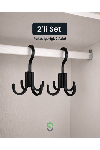 2 Li Set 4 Kancalı Çok Amaçlı Dolap İçi Askı Çanta, Kemer, Çok Amaçlı Organizer Siyah