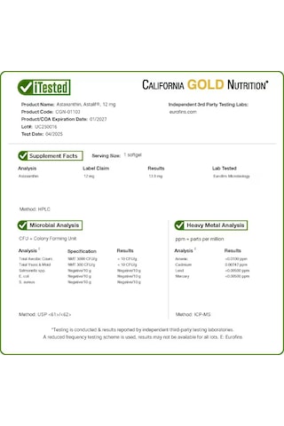California Gold Nutrition Astaxanthin Antioxidant Carotenoid Astalif Pure Icelandic 99% 12 Mg 30 Caps