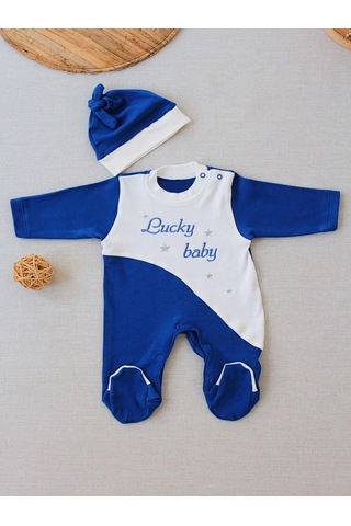 Veraura Lifestyle 0-3 3-6 Ay Lucky Baby Nakışlı Es Çizgi Boy Şapkalı Erkek Bebek Tulumu Lacivert