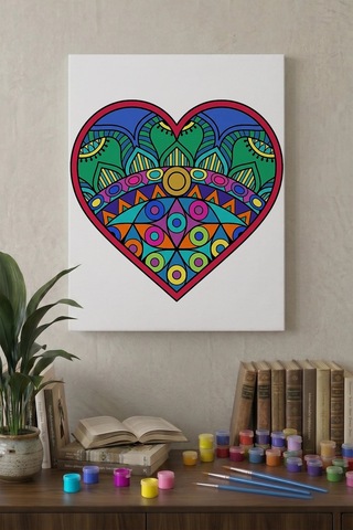 Etnik Kalp Desenli Mandala Ahşap Boyama Seti 40x50 Cm