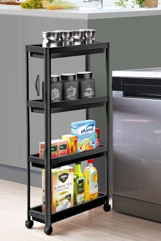 Bayev Siyah Tekerlekli Dikdörtgen 4 Katlı Raf Ünitesi Banyo Mutfak Düzenleyici Organizer Raf Siyah