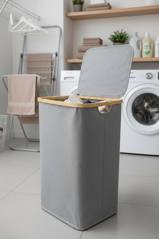 Bambu Çerçeveli 75 Litre Kapaklı Katlanabilir Kirli Çamaşır Sepeti, 60x40x30 Gri