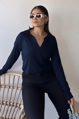 WeShaya Kadın Laci Polo Yaka Basic Bluz, Uzun Kol, Regular Kesim, Günlük Ve Spor Kaliteli Kumaş Sweatshirt Lacivert