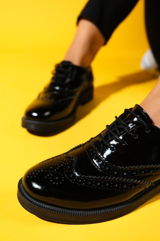 Avra Siyah Rugan Hakiki Deri Kadın Oxford Ayakkabı Siyah