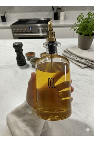 Qerhome 2'li Gold Başlıklı Şeffaf Cam Yağdanlık Seti 500 Ml+500 Ml Oliva Glass Beyaz